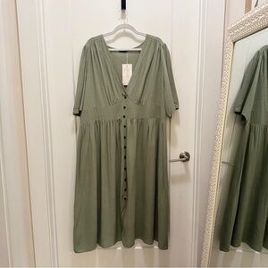 Boho Farmhouse US Size 22-24 Sage Green Button-Down Dress